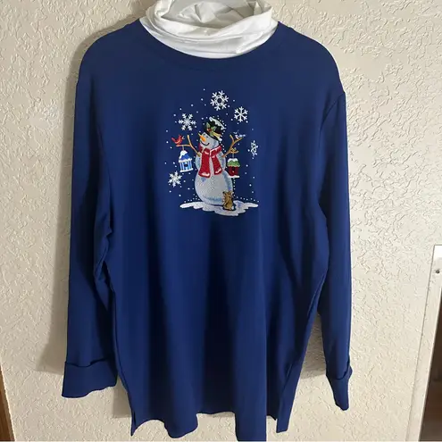 Quacker Factory Blue Holiday Snowman Winter Turtleneck Sweatshirt L