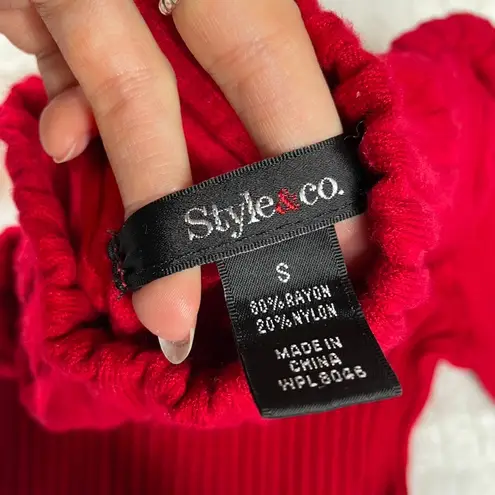 Style & Co  Red Ribbed Cuff Half Sleeve Small Vintage Top Mock‎ Neck