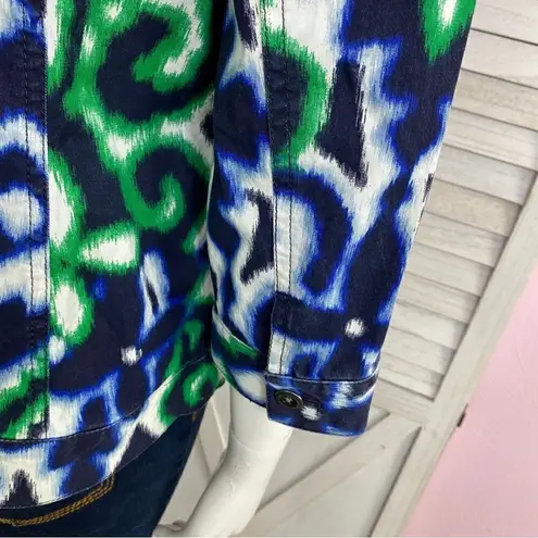 Chico's Chico’s Floral Ikat Stretch Cotton Jacket Blue Green Small 3/4 Sleeve
