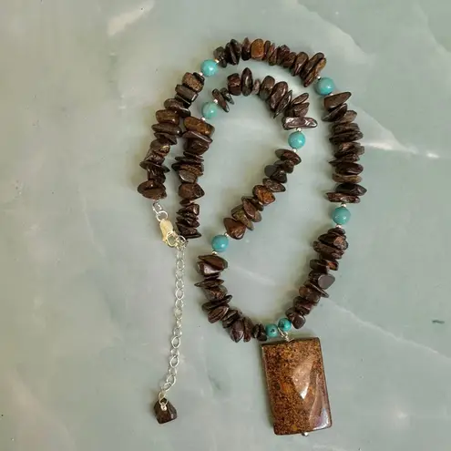 Sterling Silver Jasper & Turquoise Bead Necklace with Large Rectangular Pendant