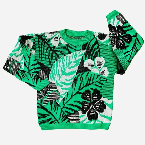 Vintage Plant Lover 80s Emerald Green and Metallic Hibiscus Foliage Sweater Size undefined