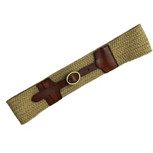Linea Pelle Cotton Leather Belt S/M Gold Woven Brass Buckle 2.25in Wide