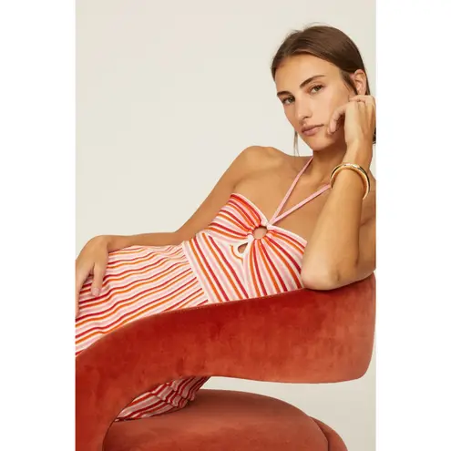AMUR Valena Red Orange Pink Striped Knit Halter Neck Sleeveless Midi Dress Small