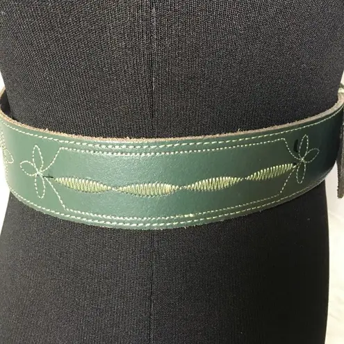 None Embroidered Bridle Stitch Belt Green Brass
