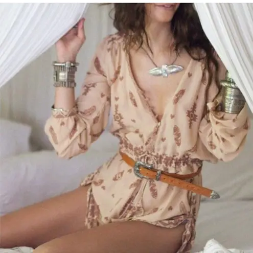 Spell & the Gypsy Bohemian Feather Skull Print Romper Brown