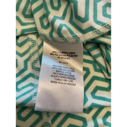 Donna Morgan Green Geometric Print Dress Blue Trim Bell Sleeve A-Line