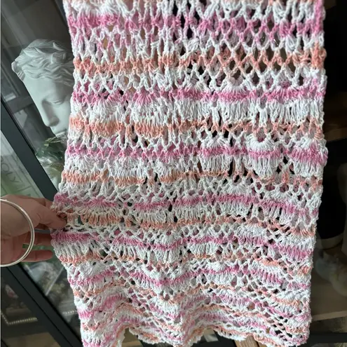 Vintage Crochet knit coverup mini dress rosettes swimsuit beach pool scalloped Pink