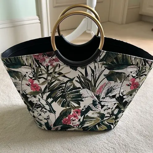 Flynn Hampton Flora Metallic Weave Floral Tote Bag Purse Metallic Ringed Handles Black