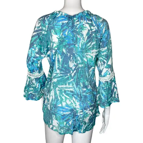 Ava & Grace Shirt Womens Small Blue White Floral Botanical Tunic Boho Peasant Blue