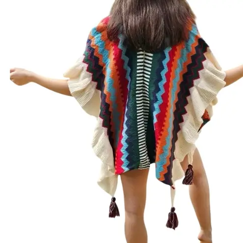 Chevron Soft Knit Poncho / Cape / Cloak / Shawl with Tassels New without Tag