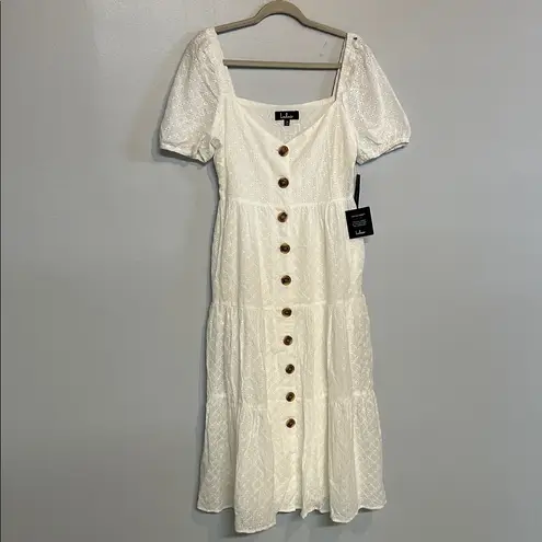 Lulus  You're My Home White Eyelet Lace Button Front Tiered Midi Dress Medium NWT