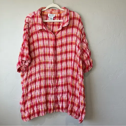 Plaid smocked button up 4x colorful top blouse ruffle feminine gingham cute Pink