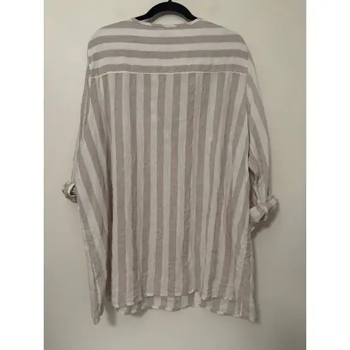 Antibes Blanc Linen Tunic Top Womens 2X Beige White Striped Roll Tab Sleeve Tan Size XXL