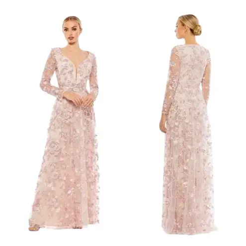 Mac Duggal NWT 70224 Pink Floral Applique Long Sleeve Illusion Gown Sz 10 $398