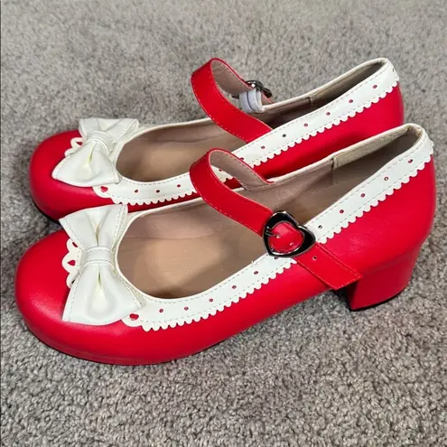 Women’s Red Chunky Heel Mary Jane Pumps Cute Bow & Hearts Round Toe Size 6 Red