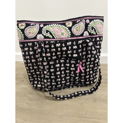 Vera Bradley Villager Tote Bag Pink Elephants Retired Black Quilted RARE 2007
