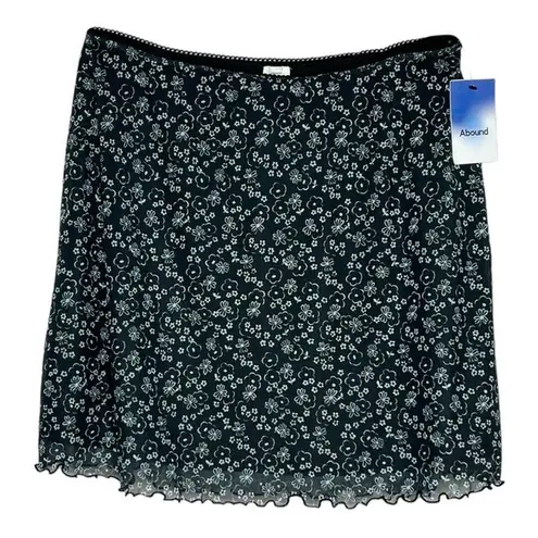 Abound  A-Line Mini Skirt Black Blue Floral Flowy Mesh Overlay Lettuce Trim