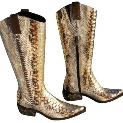 Donald Pliner Western Hand Painted Python Metallic Leather Boot Shoe NIB $1500 Gold Size 5