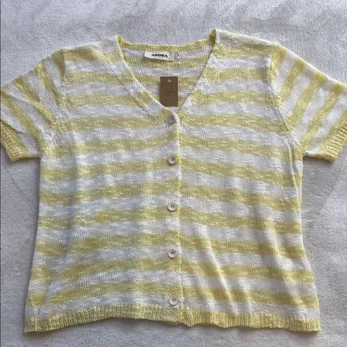 Adora Yellow & White Striped Button Front Slub Yarn Knit Top NWT Size M
