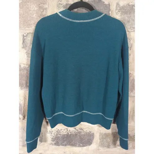 June & Hudson Top Woman's Small Teal Green White Stitch Waffle Knit Gorpcore