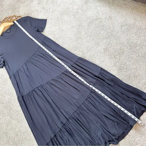 NWOT Saint+Sofia Greenwich Asymmetric Short Sleeve Maxi Dress Flowy Navy Blue Size 10