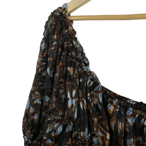 House of Harlow 1960 Revolve Metallic Abstract Puff Sleeve Blouse Brown Size L Size L