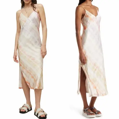 All Saints Melody Marea Silk Blend Rainbow Pink Midi Dress Size US 8