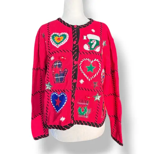 Vintage Christmas Cardigan Knit Sweater Red Green Applique Hearts Petite Large Size undefined
