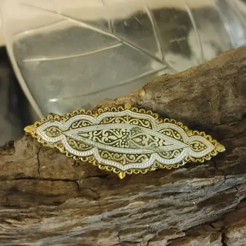 Antique Vintage Damascene Art Deco Gold Tone Silver Filigree Bar Brooch Pin FLAW