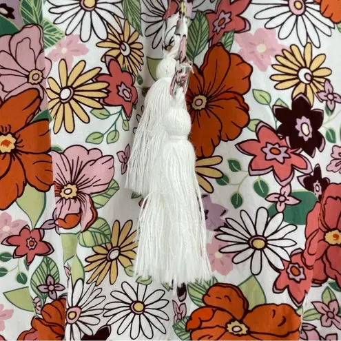 Cropped Boho Lantern Sleeve Floral Print Top w/ Drawstrings & Lace, Small Orange