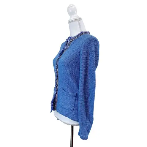 J. McLaughlin  Sweater Medium Womens Blue Knit Fringe Trim Cardigan Jacket