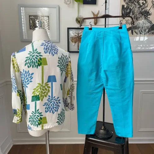 Vintage 60s Ilene Ricky Mod Print Outfit Blouse Cigarette Pants XXS Blue