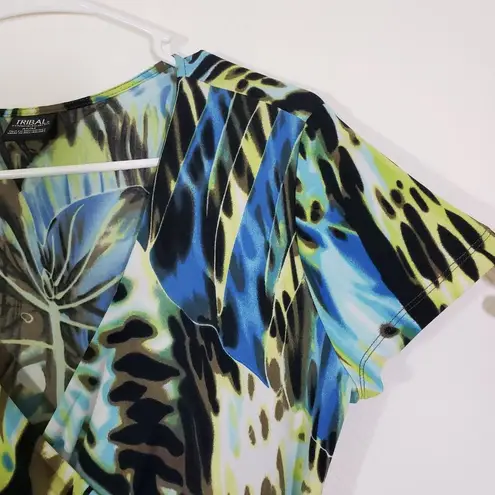 TRIBAL Medium Blue, Yellow, Black Crossover, Cap Sleeve, Midi Dress Blue