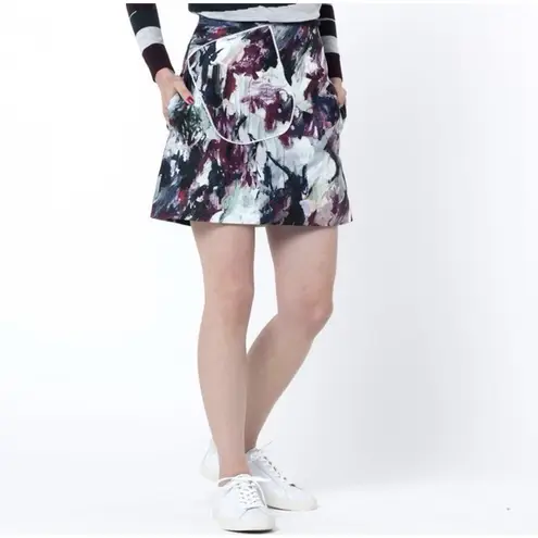CARVEN Skirt 36 US 4 Abstract Brushstroke Art Print Mini Silk Blend Pocket Wrap