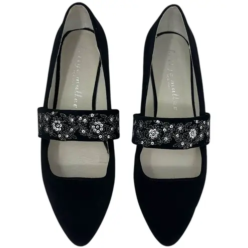 Bettye Muller Black Velvet Pointed Toe Flats Sequins Floral Embroidery Womens 7M