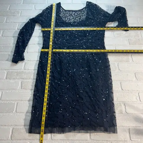 Papell Boutique Dress 16 Navy Blue Sequin Sheath Sheer Long Sleeve Cocktail Zip