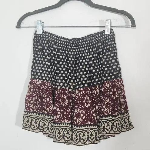 Raga Black and Oxblood Flirty Boho Mini Skirt NWT Size XS Boho Print Full Skirt