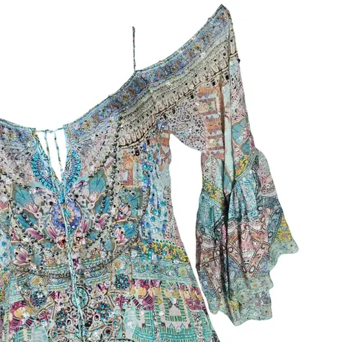 Camilla Silk Drop Shoulder Metallic Sparkle Embellished Boho Top Blouse XS