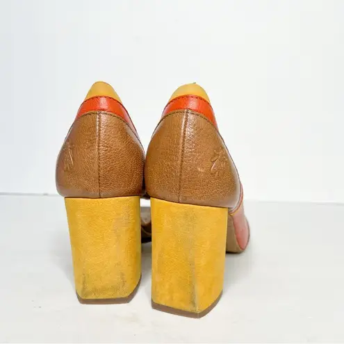 Fly London  Coral Cate Yellow 70’s Vintage Look Leather Heels Peekaboo Toe Sz 10