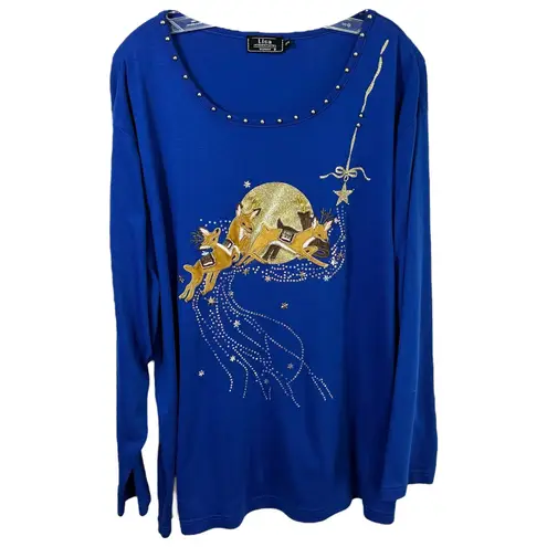 VTG Plus Size 3X Christmas Top Reindeer Holiday Gold Royal Blue Sparkly Ugly 902