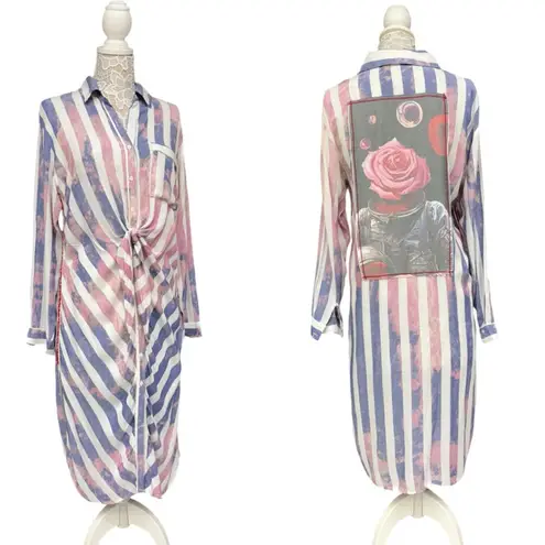 The Nu Vintage Striped Button Down Shirtdress, Astronaut Rose Graphic Back, Sz M Pink Size M