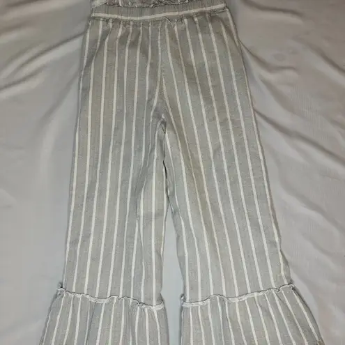 English Factory Gray Striped Ruffle Cropped Bell Bottom Linen Pants - XS