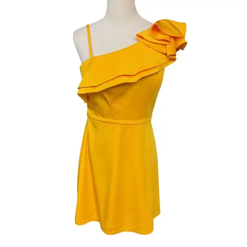 Mac Duggal Women's Leena One-Shoulder Ruffle Casual Mini Dress Yellow Size 6 NWT