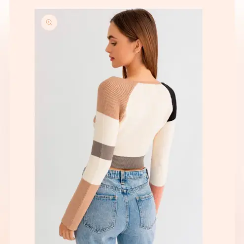 Lane 201 Size M Square Neck Ribbed Knit Sweater Crop Neutral Wide Stripe Fall