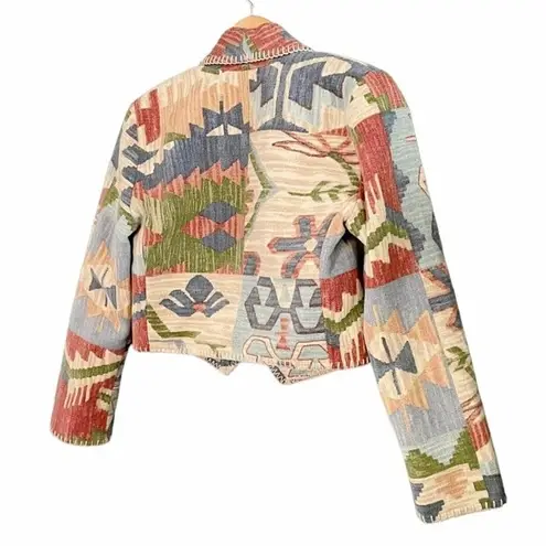 Rhonda Stark Jacket Blazer Southwest Tapestry Cropped Boho Tan Blue Size Medium Brown