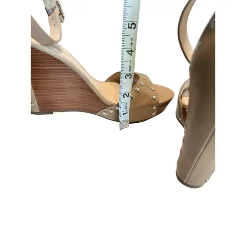 via spiga 4' Tan Leather Moto Silver Studded Platform Wedge Sandals 8M Bikercore