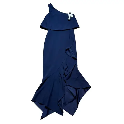XScape Navy Blue One Shoulder Stretch Crepe Ruffle Asymmetrical Hemline Gown US4