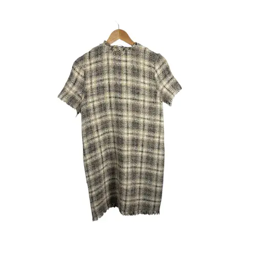 ZARA  Women’s Tweed Plaid Leather Pocket Shift Mini Dress Beige Size XS