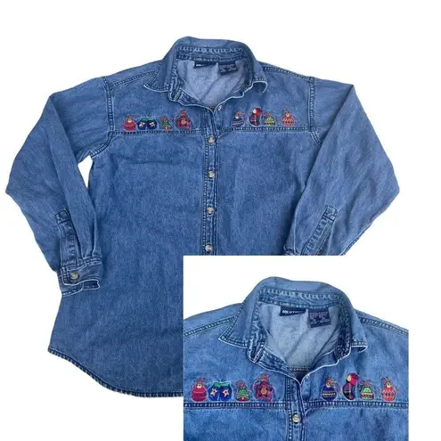 Solutions Denim Christmas Holiday Denim Button Up Shirt Embroidered Small Ugly Blue