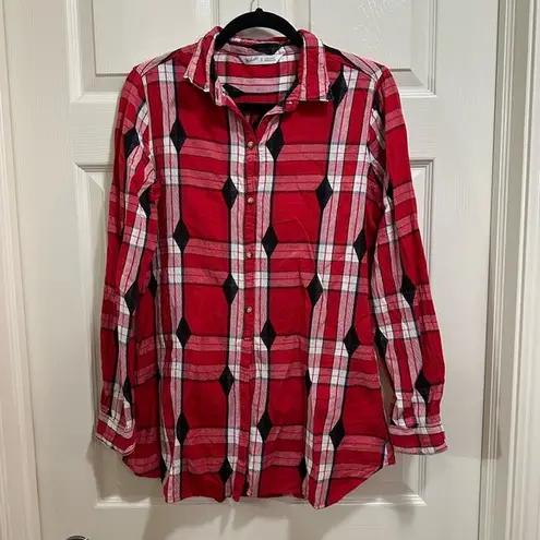 Woolrich Women’s Red Flannel Diamond Plaid Button Up Long Shirt Size Medium - Image 1